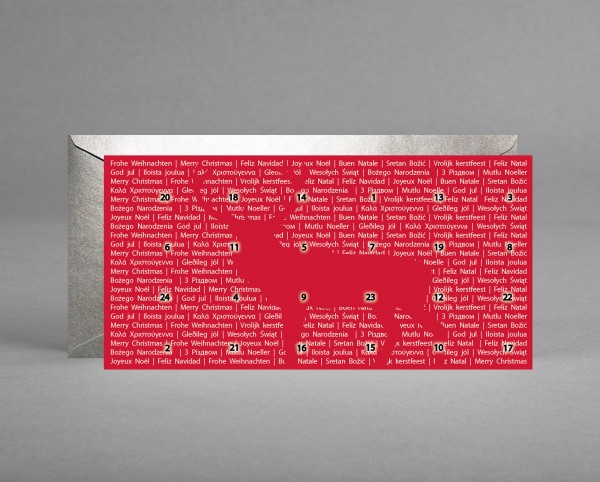 IN SILBER: ADVENTSKALENDER UND WEIHNACHTSKARTE RENTIER rot mit Zitaten inkl. Kuvert