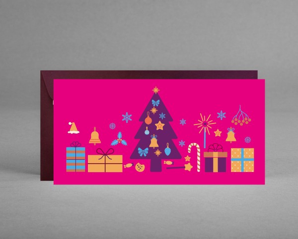 VERSPIELT: Neutrale Weihnachtskarte in pink mit vielen Symbolen inkl. Kuvert