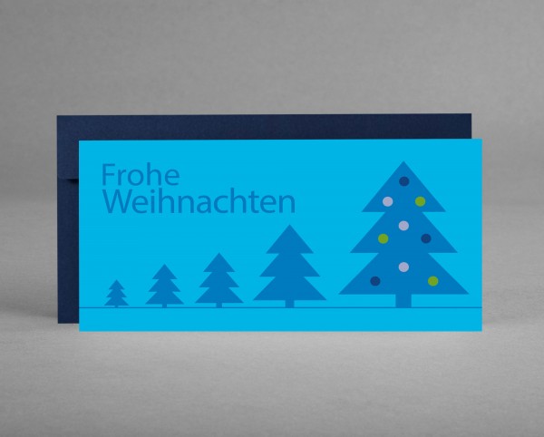 MYSTISCH: Weihnachtskarte &quot;Blaue Weihnachtsbäume auf Cyan&quot; inkl. Kuvert