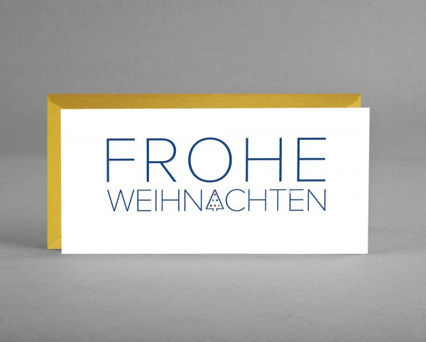 NEU: GLAMOURÖS IN GOLD: Weihnachtskarte &quot;Frohe Weihnachten&quot; mit blauem Schriftzug inkl. Kuvert