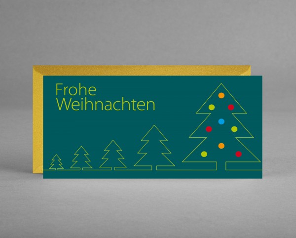 FESTLICH: Weihnachtskarte &quot;Grüne Bäume mit bunten Kugeln auf tannengrün&quot; im goldenen Kuvert