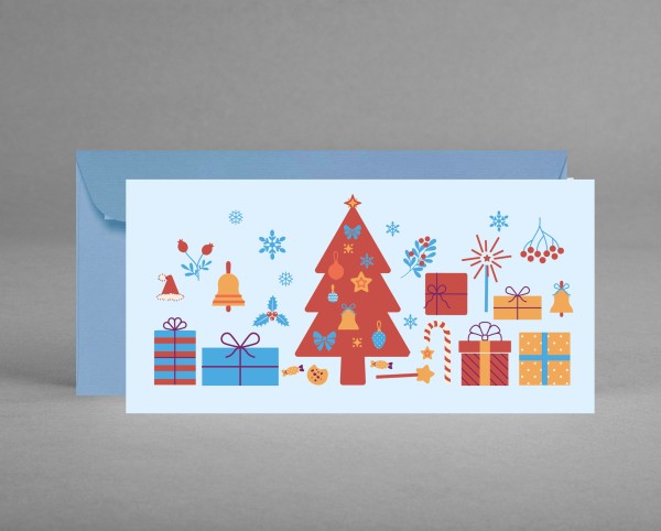 VERSPIELT: Neutrale Weihnachtskarte in hellblau mit vielen Symbolen inkl. Kuvert