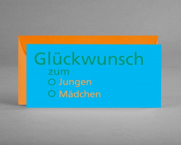 FÜR DIE GENDER REVEAL PARTY: Grußkarte &quot;Glückwunsch zum ...&quot; hellblau-orange-grün inkl. Kuvert