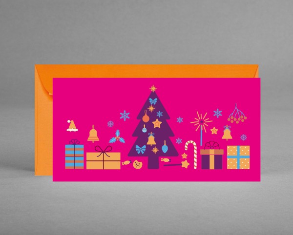 VERSPIELT: Neutrale Weihnachtskarte in pink mit vielen Symbolen inkl. Kuvert