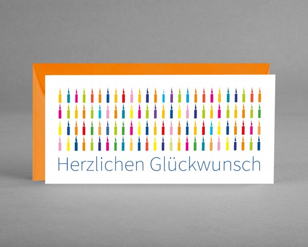 BUNTE KERZEN IN ORANGE: Glückwunschkarte &quot;Herzlichen Glückwunsch&quot; mit bunten Kerzen inkl. Kuvert