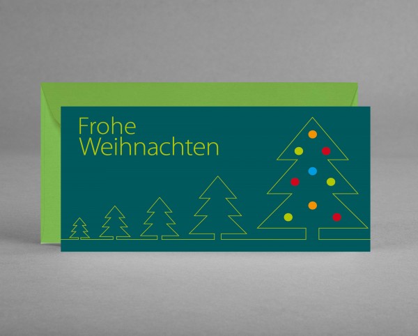 WEIHNACHTLICH: Weihnachtskarte &quot;Grüne Bäume mit bunten Kugeln auf tannengrün&quot;