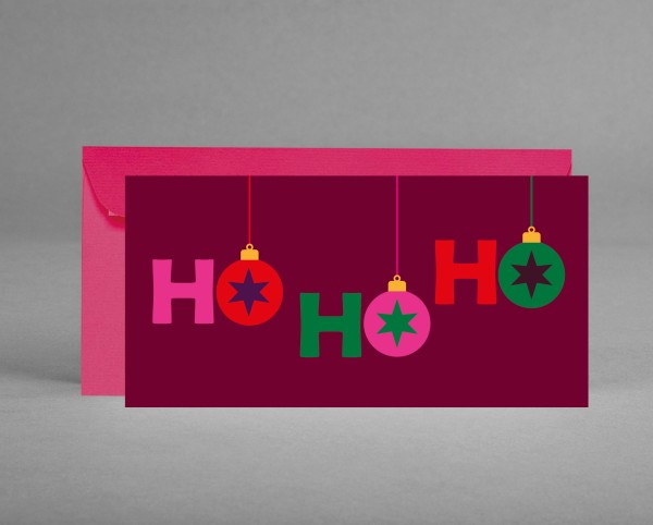 WIRKUNGSVOLL: Weihnachtskarte Ho Ho Ho mit Baumkugel als O inkl. Kuvert
